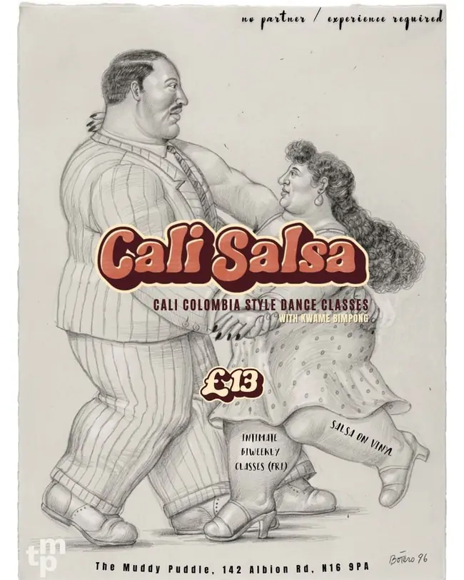Botero pencil drawing of a dancing couple with "Cali Salsa" lettered across it
