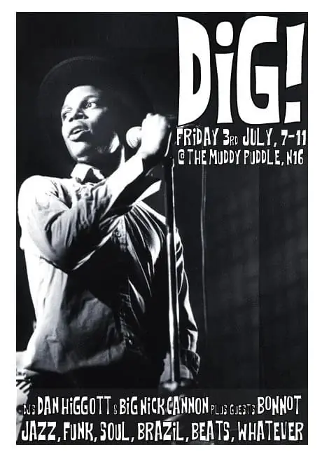 Black and white photograph of a singer at a microphone, with DiG! in hand-drawn white capitals